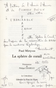 Dédicace de Paul Mirtyves à Francine Caron (La sphère de corail, Librairie le Pont de l'Epée, 1983)
