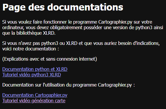 Page des documentations incluant : python3, la bibliothèque xlrd et l'utilisation de Cartographier.py
